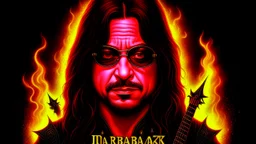 4k full detail, realistic, Logo émission radio hardrock firestarter ozzy osbourne terminator tributr to Black sabbath flammes en fond