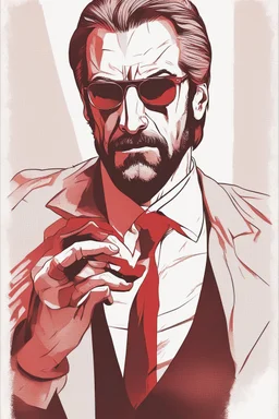 a muscular, mean and menacing Hans Gruber wearing red-tinted glasses