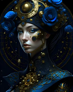 Beautiful vantablack voudore biomechanical young faced woman portrait adorned wirh biomechanical bioluminescense vantablack and dark blue glitter cover rose headdress and metallic golden filigree floral. Embossed costume armour organic bio spinal ribbed detail. Of rainy gothica background extremely detailed hyperrealistic maximálist concept art