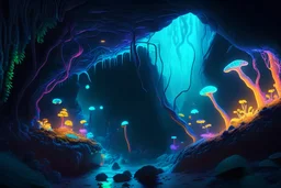 A breathtaking, bioluminescent cave system filled with glowing fungi and neon-colored flora, illuminating the darkness and creating an otherworldly atmosphere.