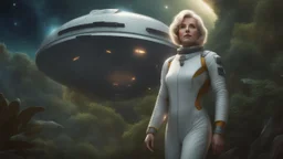A full-body photorealistic image of an adventurous older woman from the future, dressed in a tailored, full-body spacesuit, stands proudly beside her streamlined spaceship, standing on a metal box. Her untidy, blond hair has bangs. Standing in a jungle clearing. The scene is framed by a cosmic expanse of stars and nebulas.