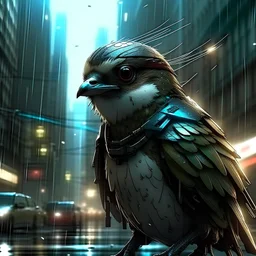 cyberpunk male sparrow cyborg in a rainy city