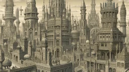 Depiction of an elaborate fantasy cityscape with various architectural styles, including classical and gothic elements, with statues of humans, animals, birds, and mythical figures with multiple levels of buildings.