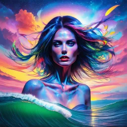 piece of album art with woman fusion with light, abstract style album cover, high level of noise and subtle texture, psychedelic cover, vibrant colors, ethereal sky landscape, shapes and waves.