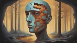 Skin bones stone face, dystopian environment, a forest can be seen through a hole in the side of the head, cracks and peeling in the face, a brain from another time, a divided mind, a portal to the distant future. Deep contrasting colors. Surrealism and abstraction by Glenn Kelly