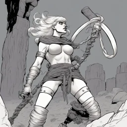 [mexican comics Head Lopper style by Andrew MacLean][Barbarella] After a few seconds of struggling she quickly tired and dropped to her knees, at this point the ropes constricting her neck only tightened as she desperately tried to grip them with her gloves to no avail. She slumped backwards resting on top of the enemy soldier and started writhing helplessly with the ropes seeming to tighten again. After a few more seconds she lost conciseness. When she awoke she found she'd been stripped & tied