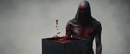 a faceless creature covered in blood holding up an empty black box