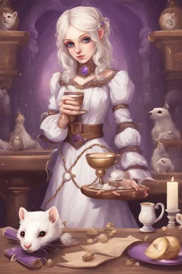 (anthropomorphic white ferret girl),dressed in cleric white and purple clothes with ornaments, realistic anatomy, fantasy tavern on background, mage and holy symbols around, serious face, hold cup of coffe, tired