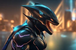 Black shark in 8k solo leveling shadow artstyle, symbiote effects, blue lights, sea, neon lights, intricate details, highly detailed, high details, detailed portrait, masterpiece,ultra detailed, ultra quality