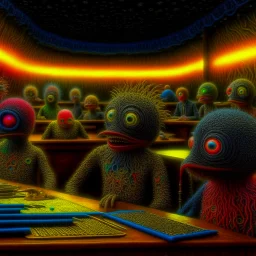 Hyperrealistic, spooky, dark, odd extraterrestrial being at work as a school teacher, many students, sharp focus, 8k, 3d, very detailed, volumetric light, grim, fine art, very colorful, ornate, insanely detailed and intricate, hypermaximalist, super detailed, decadent, Max Ernst style