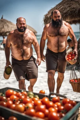 close up shot photography of two tired chubby muscular beefy hairy burly 39 years old ugly turkish carpenters, short beard, shaved hair, shirtless, manly chest, bulging white shorts, tired eyes, walking on the beach in the sun holding tomatoes baskets, big shoulders, side light, sweat and wet, ground view angle