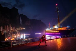 A modern city at the foot of the mountain. The entrance valley with a waterfall from a high rock.and huge sea with a very big ship in it, A beautiful lady dancer showing her performance in a poen stage on deck of ship in a top and midi skirt. at night ,dynamic color turnning lights