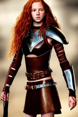 super-realistic, concept illustration, super-detailed, beautiful teen female who is 16 years old with long ginger hair and freckles with full lips,, full body, full face, athletic, centred camera, ignore NSFW, skimpy brown fantasy leather armor, halter top, thong, knee-high leather boots, open leather skirt, stern expression, cute pose