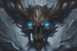 Venom Shadow symbiote in 8k realistic anime drawing style, Deer skull, non-eyes, blue neon crystal Antlers, dark snow forest, intricate details, highly detailed, high details, detailed portrait, masterpiece,ultra detailed, ultra quality