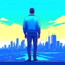 gta style illustration of a person from behind and a city in the background