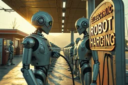 A cinematic wide-angle oil painting of a humanoid robot plugging a thick electric charging cable into its torso port at a futuristic charging station within a retro-style gas station. A long line of identical humanoid robots stands patiently behind, waiting for their turn to recharge. A large vintage-style sign to the side reads 'Electric Robot Charging Station.' The scene is bathed in golden-hour lighting, with rich, noisy colors, expressive thick brushstrokes, intricate steampunk elements, glo