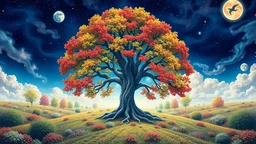 A tree of life in the center with abundant foliage along with views of all seasons, spring, summer, fall, and winter, in a blue, red, yellow, and white color theme and a psychedelic atmosphere.