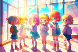 cute chibi holographic girls and boys looking at pictures happily at an exhibition room in sunshine