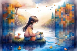 a cute chibi girl is sitting with her back to us, we see her playing tetris on a big screen, in van gogh style in on a misty morning. over a misty pond in the hieght of fall. Watercolour by Alison Brady. Pastel colours S<AI in sunshine, ethereal, otherwordly, cinematic postprocessing