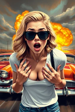 an young woman leaning forward(cropped tightly from between nose and stomach, white top with wide neck opening, cleavage, hands at side of face, with surprised expression, home alone scream, blonde wavy hair, large cheep sunglasses), nuclear explosion and 1950s Cars in background, greaser, digital painted illustration