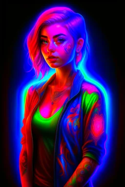 full body colorful tattooed portrait of a female model with colorful hair, Vibrant colors, Neon lighting, Intricate details, Digital painting, Artstation, glowing tattoos, Sharp focus, Illustration, art by audrey benjaminsen and lois van baarle and artgerm and mandy jurgens, Dystopian, cyberpunk, cinematic, 8k