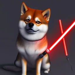 shiba inu sith lord with red light saber glowing