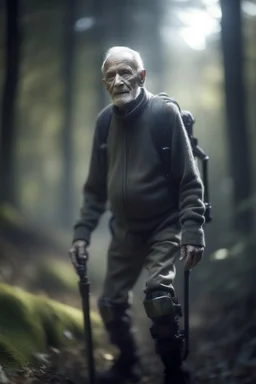 portrait of cyborg old man using a walker in the woods, zeiss prime lens, bokeh like f/0.8, tilt-shift lens 8k, high detail, smooth render, down-light, unreal engine, prize winning