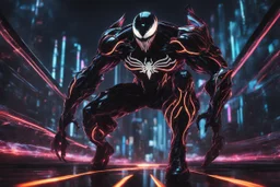 Venom machine with RGB cyber mask in 8k solo leveling shadow artstyle, Crystal and Symbiote them, neon effect , magic circle, close picture, full body, apocalypse, intricate details, highly detailed, high details, detailed portrait, masterpiece,ultra detailed, ultra quality