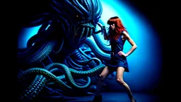 Full-body retro photo of a woman with straight hair and a Fringe, in a fight with a monster, wrapped in tenacles, in an action pose, sci-fi Background