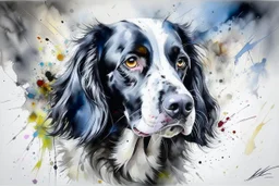 A portrait of a springer spaniel by Agnes Cecile, Willem Haenraets, loose watercolour, wet on wet and splattering and dripping techniques, centred, perfect composition, abstraction, colours of grey and cream