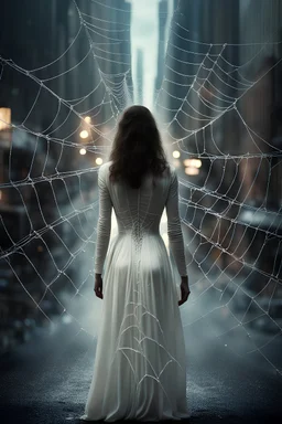 a woman in a white dress looking like a spider's web, standing on a city street, still from a fantasy movie, coherent symmetrical artwork, cinematic, ghostly, by Charles Williams, veiled.