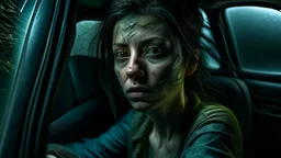 portrait of an arafed woman sitting in an arafed car, cracked windscreen, haunted facial expression, gritty dark color palette with shades of dull blue, sparse bluish green, sparse warm yellow, splinters of green, amazing reflections, excellent verticals, dramatic, tense, unnerving, cinematic, dynamic, tilt motion dynamics, pursuit dynamics, slight speed blur, double exposure, alienating vibe of 1980s punk aesthetics, real emotions against artificial lies, shadows of past and lost innocence