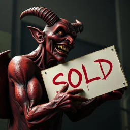 A realistic ghoulish laughing devil leaning forward at an angle as if over someone's shoulder, facing right, holding a large sign that says "SOLD" in clear letters. No humans, no extra subjects, cinematic horror lighting.