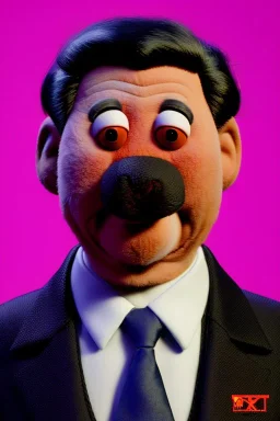 Waist up muppet Portrait, Xi Jinping as muppet doll, black suit and red tie, photo studio, blue background, unreal engine 5, concept art, art station, god lights, ray tracing, RTX, lumen lighting, ultra detail, volumetric lighting, 3d.