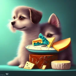 cute puppy eating cheese, art deco, romanticism, watercolor, visual novel, cheerful, furry, sleepy, rembrandt lighting, colorful lighting, blue, teal, aqua, red, purple, yellow, black, detailed, masterpiece