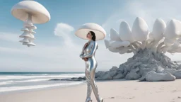 A woman with dark hair in a silver robotic catsuit, standing on a beach with flying mushrooms looking like parasols, with octopus tentacles in the air