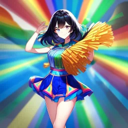 Clear Focus, High resolution, girl wearing a cheerleader outfit, rainbow eyes, medium hair length, black hair with a gradient of rainbow