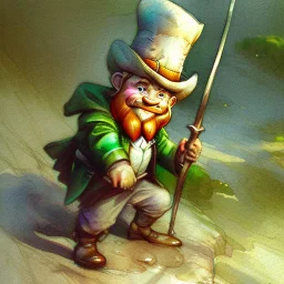 watercolor style, Leprechaun walking on a rainbow, style of Jean-Baptiste Monge fantasy high detail crisp quality