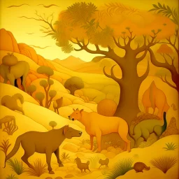 A tan semi-desert grounds with animals painted by Paul Ranson