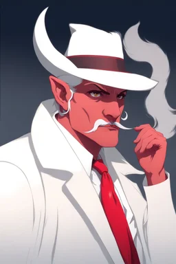 An old male crimson red tiefling wearing a white, he has a white mustache.