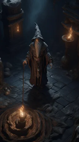 Busch painting style nightmare, a top view of a wizard standing in a 3d rendering full-height image of a grim and dark scene. Ensure the final images exhibit the utmost quality, with the play of a torch-lit dungeon encompassing 4K, 8K, and 64K resolutions, with 3D rendering that manifests in photorealistic, hyperrealistic, and highly detailed representations. Employ techniques such as HDR, UHD,