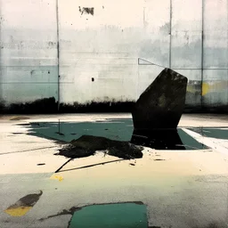 Minimal contemporary abstract oil paintings of desolate 1960s carpark with road markings and concrete fragments. Overlay with grungy typography graphics. style of Justin Mortimer and Francis Bacon.