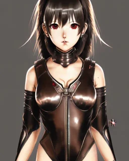 Detailed cute anime Kunoichi girl, brown hair, black latex bodysuit, intricate details, full body portrait, keep head in frame, slight smile, black Japanese motif, concept art, highly detailed, digital painting, concept art, sharp focus, illustration, art by Yoji Shinkawa, WLOP and greg rutkowski and alphonse mucha and artgerm and yanjun Chen and Junji ito and Makoto Shinkai, HDR, octane render