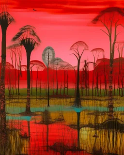 A pink wetlands with magical baobab trees designed in African masks painted by Mark Rothko