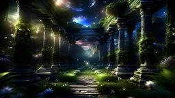 my dreams . fantasy In the garden my mind bows . the meditation in the midst in the Egypt jungle garden , Colonnades for meditation new palace , mountains. space is dark , where you can see the fire and smell the smoke, Palace , galaxy, space, ethereal space, cosmos, panorama. Background: An otherworldly planet, bathed in the cold glow of distant stars. Northern Lights dancing above the clouds . Bonsai tree garden. 7 chakras represented by round circles