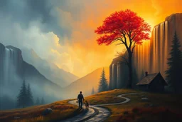 A cinematic atmospheric oil painting landscape dramatically split between cool misty blue-gray tones on the left and warm golden-orange sunset hues on the right. A vibrant red tree blazes like flames against the dramatic sky on the right side. Cascading vertical color streaks create a surreal waterfall effect throughout the composition. Two human figures a man and a woman and a dog walk intimately side-by-side along a winding path in the foreground. A rustic wooden cabin sits