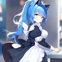 Clear Focus, High resolution, wearing a maid uniform, fluffy hair and a long ponytail, blue hair, cat ears, meowing