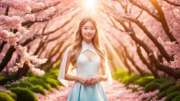 Portrait of a gorgeous smiling asian model with a golden skin, long smooth blonde hair, blue eyes, in a sci-fi outfit with luminous strikes in a hill of flowers with sakura trees, a small torrent, loads of mini flowers, moss, sun rays through the branches, particles in the air at spring