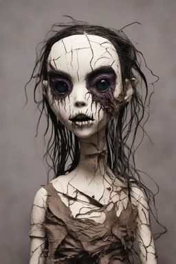 full color, illustration of a dark, menacing, monster girl, as a decayed, broken, crude homemade cloth doll toy, with a narrow cracked porcelain face, thick dark eyebrows, hair made from ragged strips of cloth, in the style of Brom, Alex Pardee, Tim Burton, and Masahiro Ito