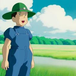 cartoon frog smiling with a blue hat on and wearing blue overalls skipping around in a field during a sunny day